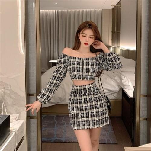 Autumn Plaid Square Collar Vintage Style 2 Piece Outfits for Women Fashion Brand Crop Top Ladies Bodycon Short Skirt Slim New