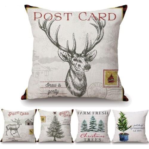 Christmas Trees Cushion Cover Stug Let It Snow Hand Painting Decorative Beige Linen White Polyester Pillow Case