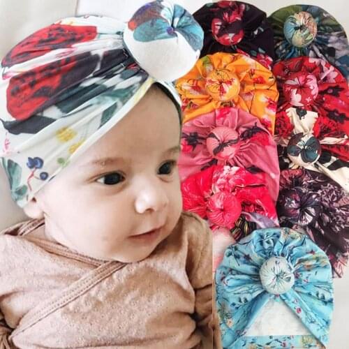 Lovely Knot Baby Hat Turban Soft Cotton Newborn Boys Girls Hat Flower Print Infant Toddler Cap Beanies Head Wraps