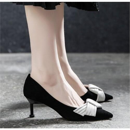 Spring Autumn New Fashion Frosted Bowknot Pointed Stiletto High Heels Single Pumps Ladies Dress Shoes Party Shoes