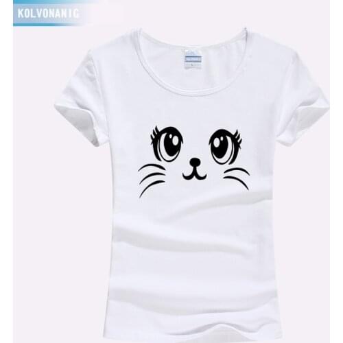 2019 O-Neck Short Sleeve Cotton Streetwear T-Shirt Lovely Cartoon Cat Eyes Animal Print T-Shirt Women Shirt Clothing Top Tees