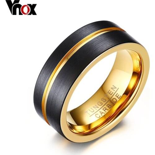 Vnox Thin Gold-color Line Ring for Men Jewelry 8MM Black Tungsten Carbide Ring