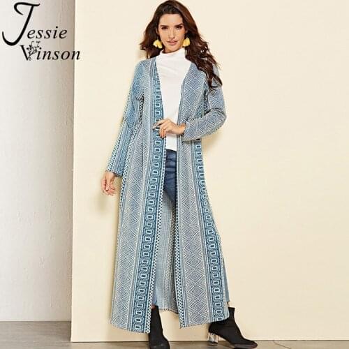Jessie Vinson Long Sleeve Geometric Printed X-long Cardigan Women Autumn Long Cardigan Trench Coat Plus Size Long Cardigan