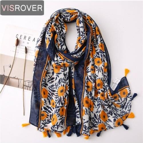 Visrover Yellow Flower Print Beach Scarf Geometric Shawl Women Scarfs Luxury Brand Viscose Big Scarf Hijab Fashion Spring Wrap