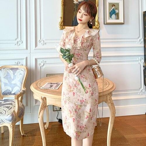 Fashion Summer Korean Casual Vintage Half Sleeve Midi Party Dress Ladies Elegant Floral Print Folds Chiffon Ruffle Pencil Dress
