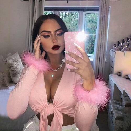 2020 Sweet Long Sleeve Fur V-neck Wrapped Bandage Sexy Crop Tops Autumn Winter Women Streetwear Club Party Outfits T-shirts