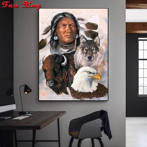 5D Diamond Painting Indians And Animals Wolf Eagle Bull Rhinestone Embroidery Full Square Round Mosaic Cross Stitch Handmade
