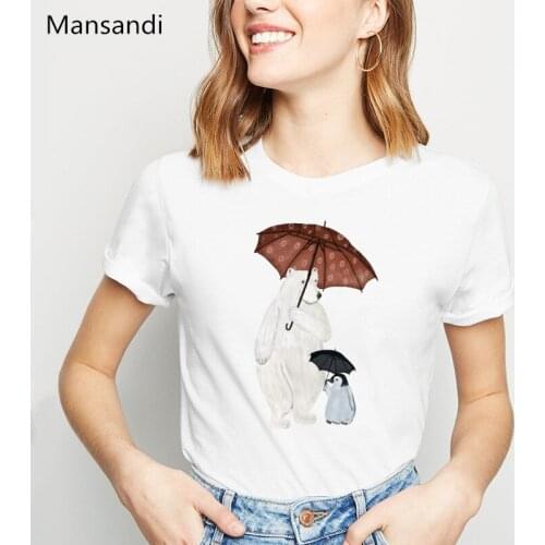 Polar bear and penguin umbrella time printed tshirt women clothes 2019 funny t shirts femme harajuku kawaii clothes t-shirt TOPS