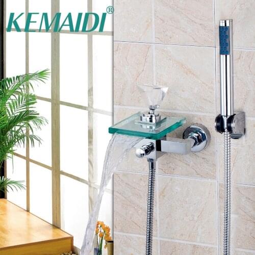 KEMAIDI Bathroom Basin Faucet Single Handle Diamond Wall Mounted Waterfall Sink Mixer Tap With Hand Shower Set