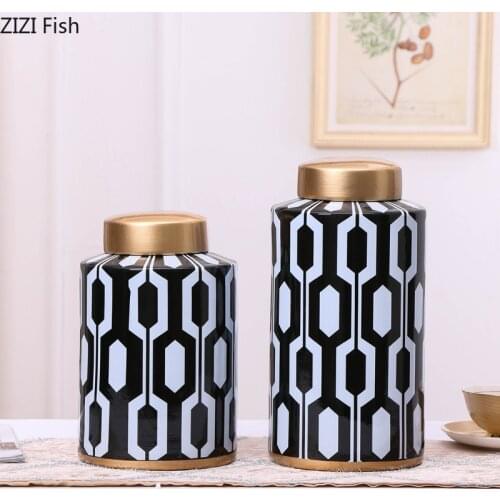 Geometric Pattern Ceramic Vase Creative Black and White Stripes Decoration Crafts Storage Tank Living Room Table Home Decoration
