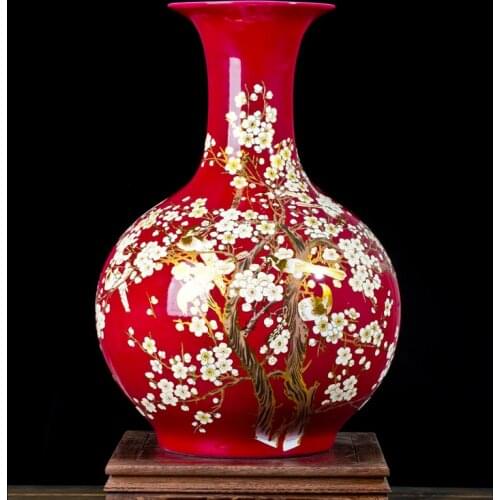 Jingdezhen Chinese red ground large-sized ceramic vase The magpies plum blossom design home decoration furnishing articles