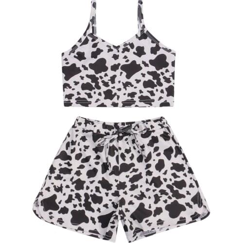 New 2 Pieces Kids Suit Set, Summer Leopard Print V-Neck Sleeveless Short Tops+ Short Pants, White Black, 1-7 Years