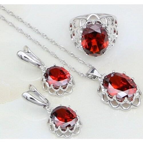 Red Garnet Cubic Zirconia White CZ 925 Sterling Silver Jewelry Sets For Women Wedding Earring/Pendant/Necklace/Bracelet/Ring