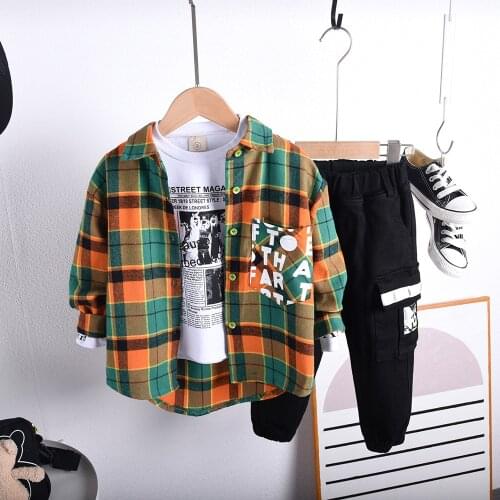 Boys Clothing Sets Children Fashion Cartoon Baby Long Sleeve Plaid Shirt + T-Shirts+ Pants 3pcs Outfits Kids Sport Suit 2-7Years