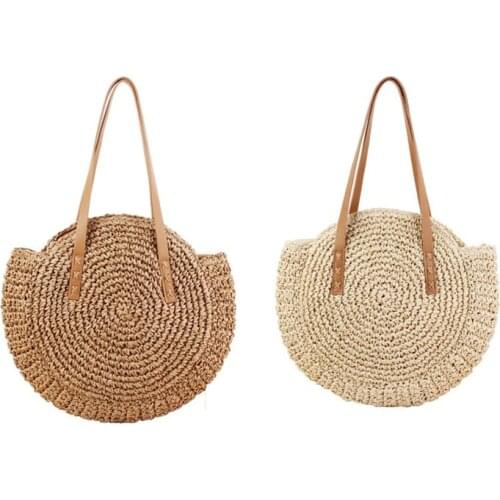 2 Pcs Round Straw Beach Bag Vintage Handmade Woven Shoulder Bag Raffia Circle Rattan Bags Bohemian Summer Vacation Casual Bags