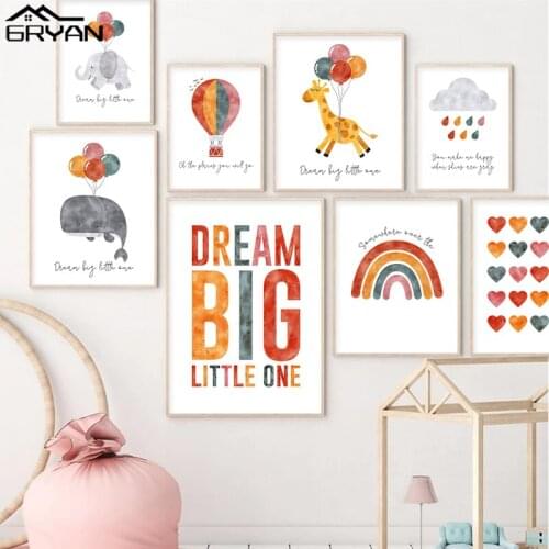 Dream Big Little One Imaginative Nursery Canvas Prints Poster Rainbow Flying Animals Balloon Painting Kids Baby Room Picture