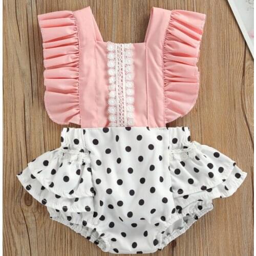 New Baby Girls Clothes Casual Romper Baby Toddler Summer Rompers Lace Wave Dot Match Square-Neck Patchwork Rompers