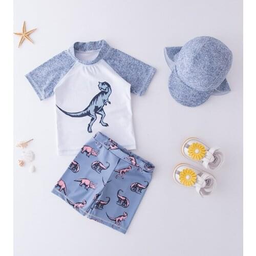 2021 New Summer Dinosaur Children Swimsuit Cartoon Boy Beach Swimsuit With Hood Split Swimsuit Short Sleeves