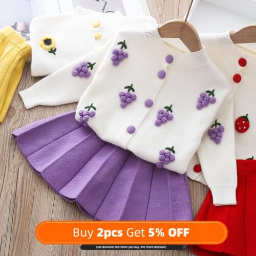 2020 New Style Girls Christmas Autumn Clothing Knitted Piece GIRLS Cute Sweater Suit Skirt Warm Cardigan Pleated Skirt Girl Set