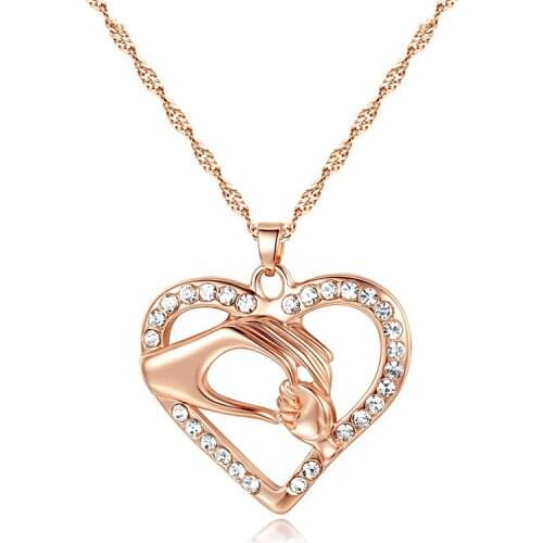 Wholesale 12pcs Mon & Baby Hand Hollow Zirconia Heart Pendants Necklaces Rose Gold Chain Necklaces Mothers Day Gift for Women