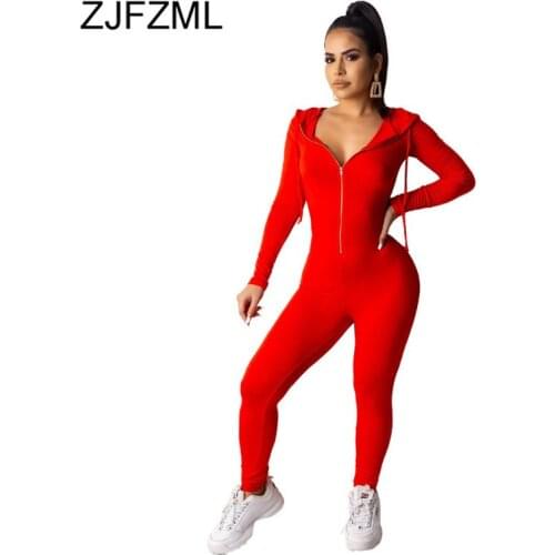 Front Zipper Sexy Rompers Womens Jumpsuit Long Sleeve Hooded One Piece Bodysuit Casual Sportswear Solid Plus Size Club Overall