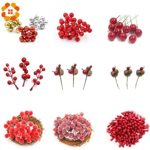 1Set Christmas Red Berry Flowers Artificial Stamen Buds Bouquet Many Types Wreath Family Wedding Party Fake Flower Decoration