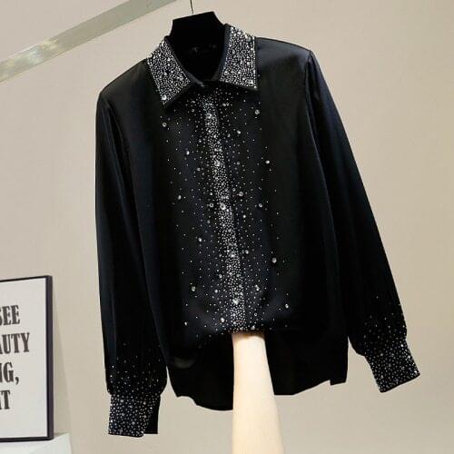 Diamond Hot Drilling Lapel Single Breasted Long Sleeve Shirt Women Fashion Loose All-Match Blouse Blusas Elegant Lady Top