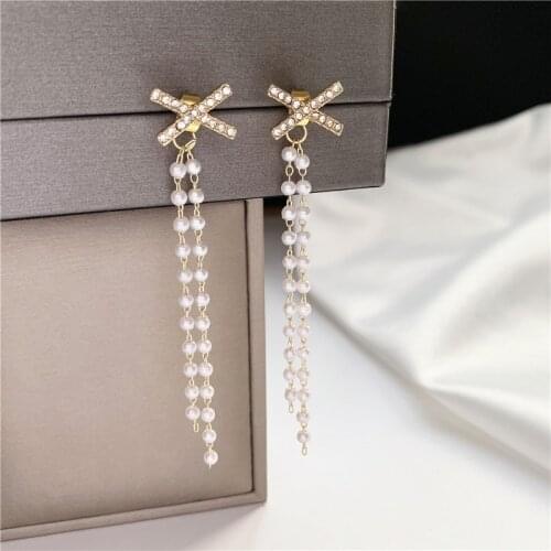 Beautiful Imitation Pearls Chain Clip Earrings Without Piercing Cubic Zircon Cross New Earrings