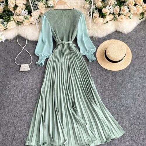 Chiffon Dress Women Casual Long Sleeve Elegant Office Dress 2021 Spring Autumn French Vintage Pleated Dresses Midi Vestidos