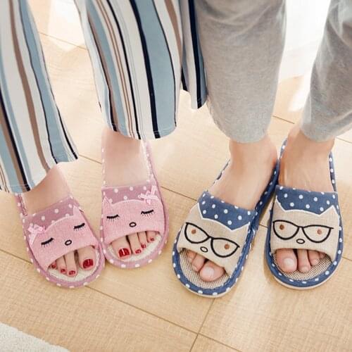 Women Men Flax Home Indoor Floor Slippers Cartoon Cute Cat Bow Couple Bedroom Shoes Spring Autumn Children Soft Linen Flip Flops