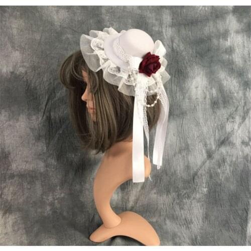 HandMade Lolita White Gothic Rose Hairpin Top Hat Side Clip Headdress Hair Accessories D442