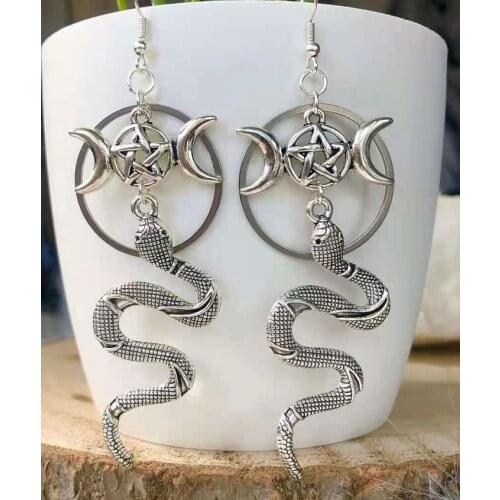 Witch Pentagram Crescent Moon Snake Dangle Earring Pagan Gothic Earrings Wiccan Jewelry