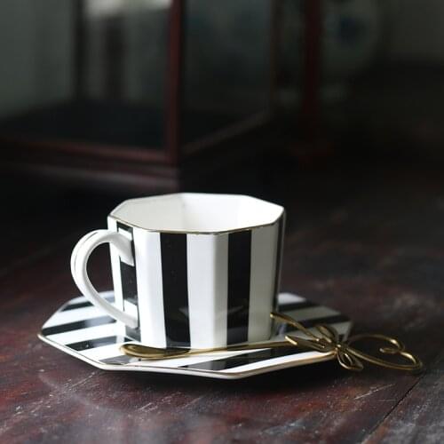 Octagonal Ceramic Plate Black White Dot Stripe Tableware Coffee Plates Dishes Afternoon Tea Set Home Kitchen WF1016