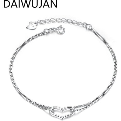DAIWUJAN High Quality Double Box Chain Bracelets For Women Single Diamond Heart Silver Bracelet Ladies Party 925 Stamp Jewelry