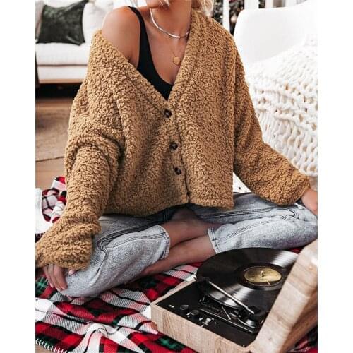 Women Jackets Autumn Long Sleeve Sexy V-Neck Fashion Thick Warm Solid Color Single Breasted Loose Style Winter Outwear C2844