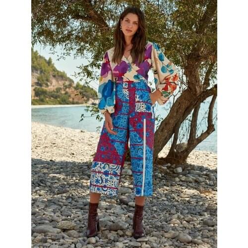 Women Blue Flower Patterned Wide Leg Capri Pants Casual Spring Summer High Waist Trausers Office Street Bohemian Wear New 2021