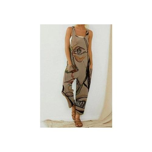 Women Summer Boho Cotton Linen Jumpsuits Sling Retro Scrawl Print Sleeveless Overall Side Pocket Jumpsuit Summer Casual Clothing