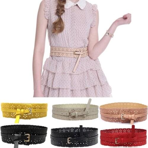 Womens Fashion Women Belt PU Leather Lady Hollow Flower Wide Waist Wide Waistband Bind Wide Belts Dress Adornment
