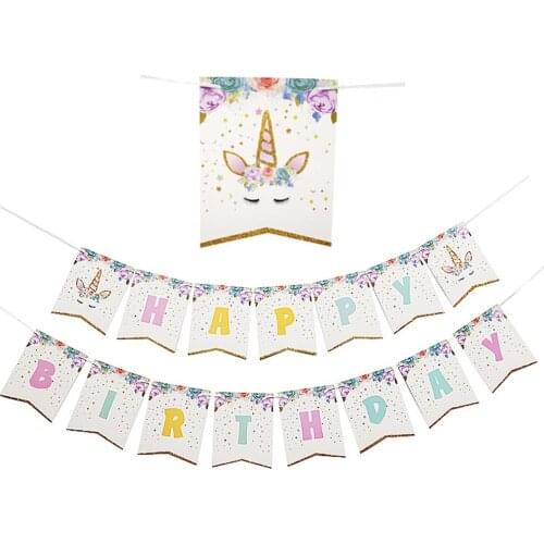 1set Pink Glitter Unicorn Banner Birthday Party Decors Paper Flags Garland Happy Birthday Decorations Kids Party Supplies