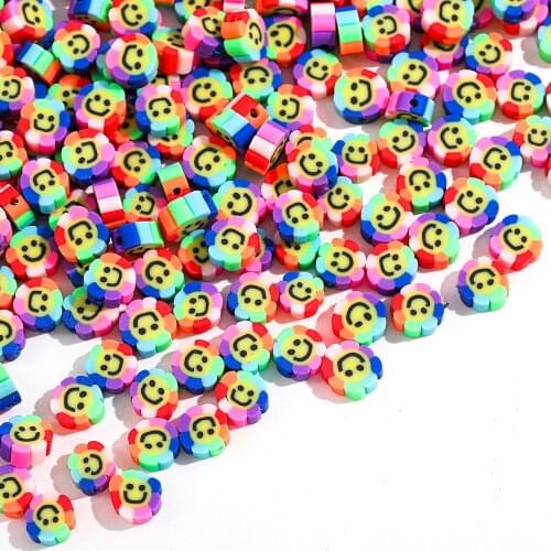 40pcs/lot Rainbow Color Sunflower Shape Smiley Polymer Clay Beads Spacer Loose Beads for Jewelry Making DIY Bracelet Necklace