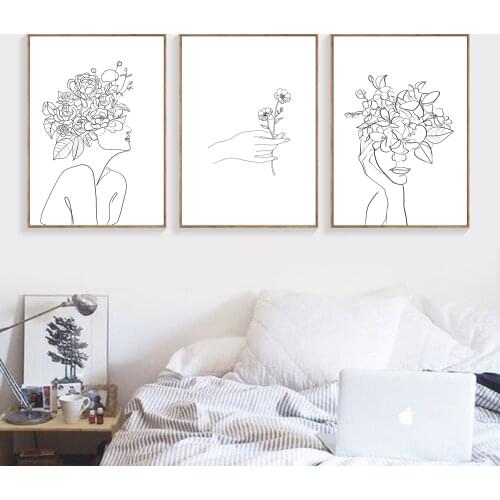 Abstract Line Drawing Painting Woman Flower Leaf Plant Hand Nordic Posters Black White Wall Art Canvas Painting Prints Living Ro