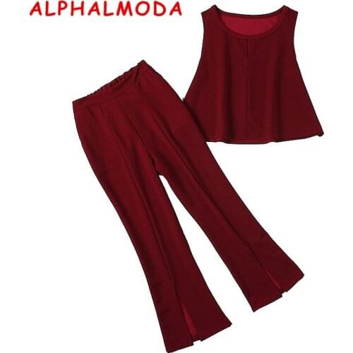 ALPHALMODA 2018 Summer New Arrived OL Blouse Pants 2pcs Suits A-line Sleeveless Shirts + Front Split Slim Trousers Sets
