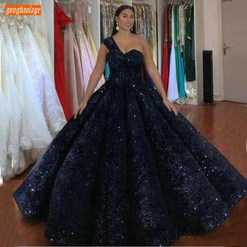 Sparkly Navy Blue Evening Gowns 2020 One Shoulder Bling Bling Sequins Ball Gown Evening Dresses Custom Made Women Formal Dress