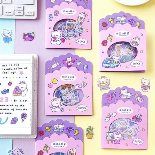 Mohamm 40PCS/1 Box PVC Washi Paper Cute Bear Sticker Scrapbooking Stationery School Supplies