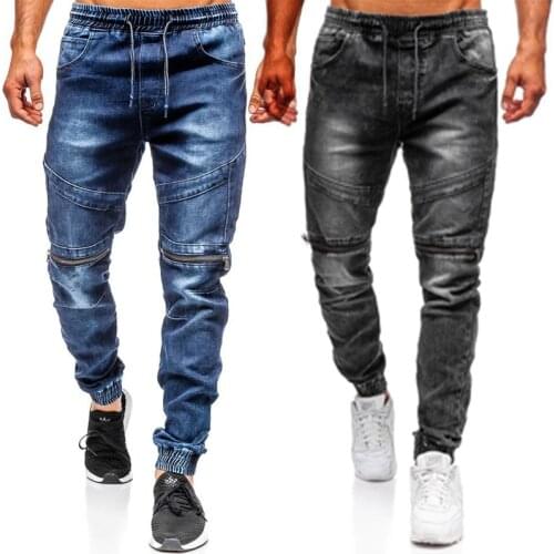 Spring and autumn men casual jeans knee double zipper drawstring elastic waist beam feet denim trousers solid color men jeans