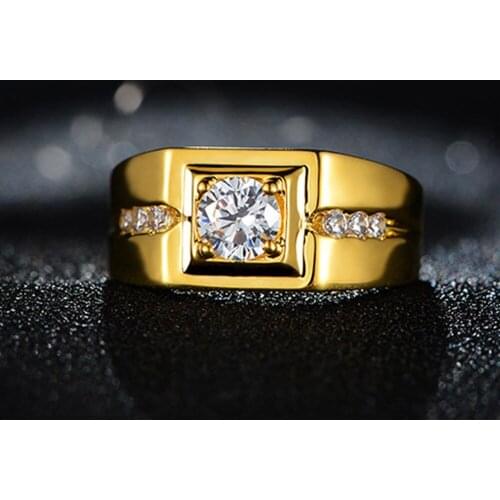 Ring Men Classic Round Cut Clear Zircon Yellow Gold Filled Wedding Male Jewelry Gift Size Adjust