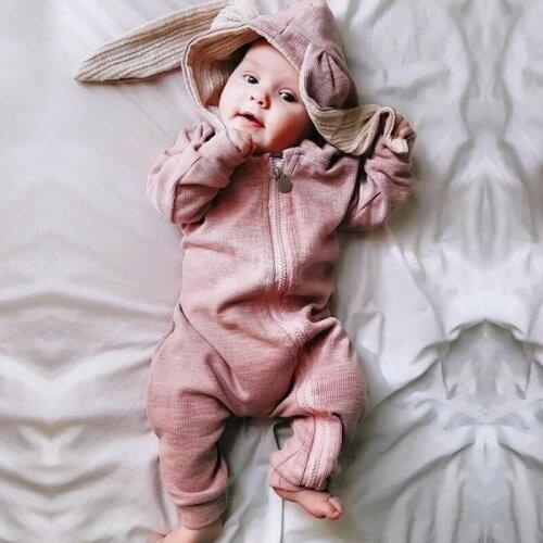 Autumn Baby Boys Girls Rompers 2021 New Pure Cotton Zip Cute Rabbit Style Hooded Clothes For Kids Children Birthday Present