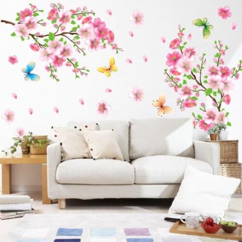 Fashion Plum Peach Cherry Blossom Flower Butterfly Wall Sticker Vinyl Floral Art Decal Wall Home Room Decor