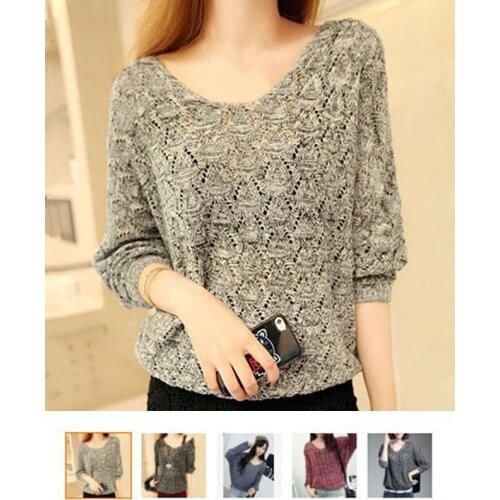 New Spring Women Pullovers Casual Tops V-Neck Loose Batwing Sleeve Hollow Out Thin Knitted Sweater Female Jersey Mujer