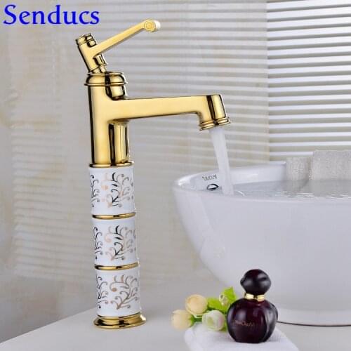 Senducs Gold Basin Faucet Deck Mounted Brass Bathroom Basin Sink Faucet Hot Cold Bathroom Water Tap Newly Gold Basin Faucet